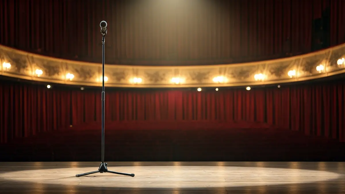 Imatge genèrica d'un escenari de teatre amb un micròfon sota un focus.
