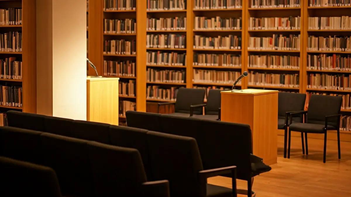 Imagen genérica de una presentación de libro en una biblioteca con estanterías de madera y un micrófono.