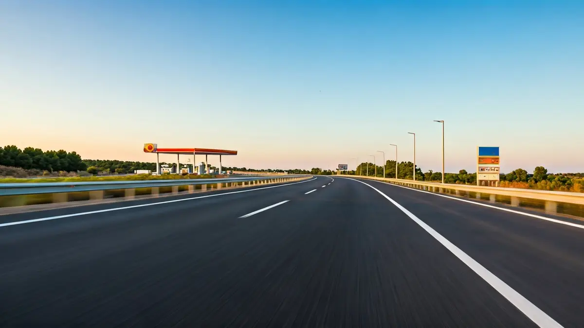Generic image of a highway exit with a gas station in the background.