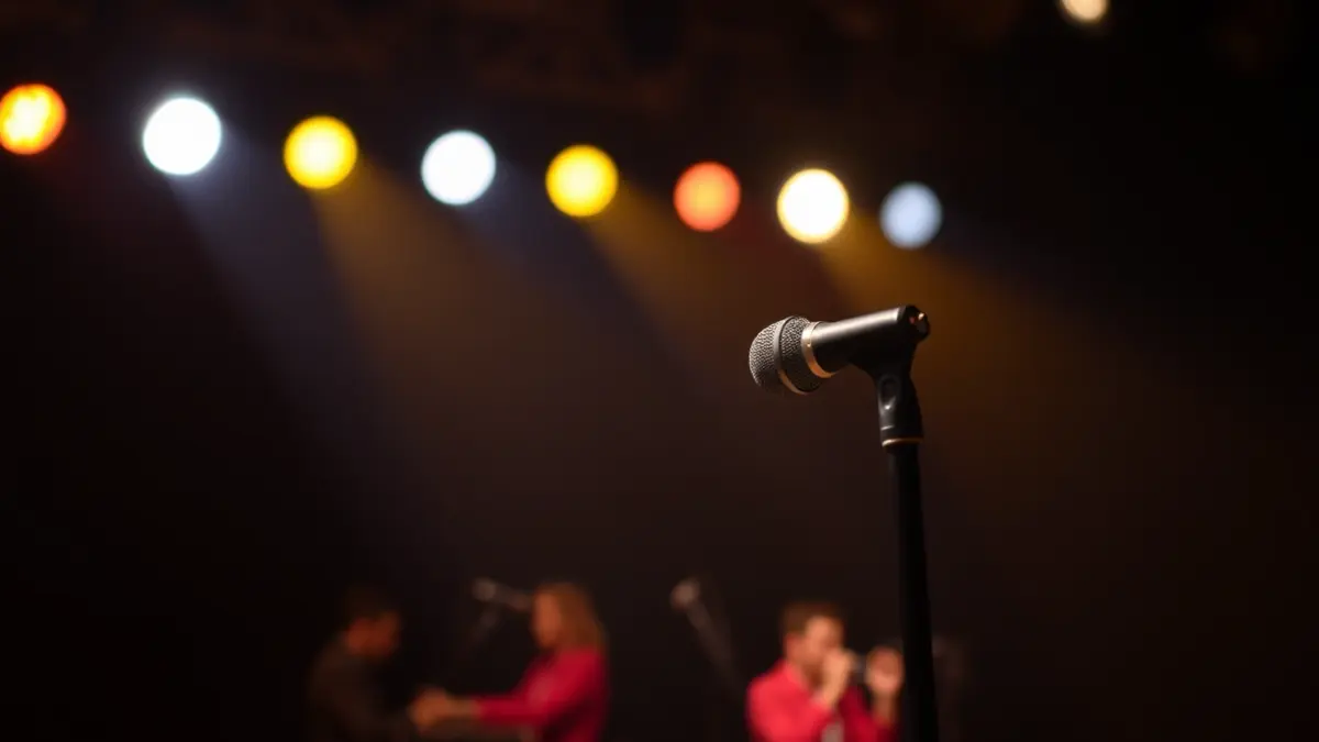 Generic image of a microphone on a stage, with blurred background lights, evoking a tribute concert.