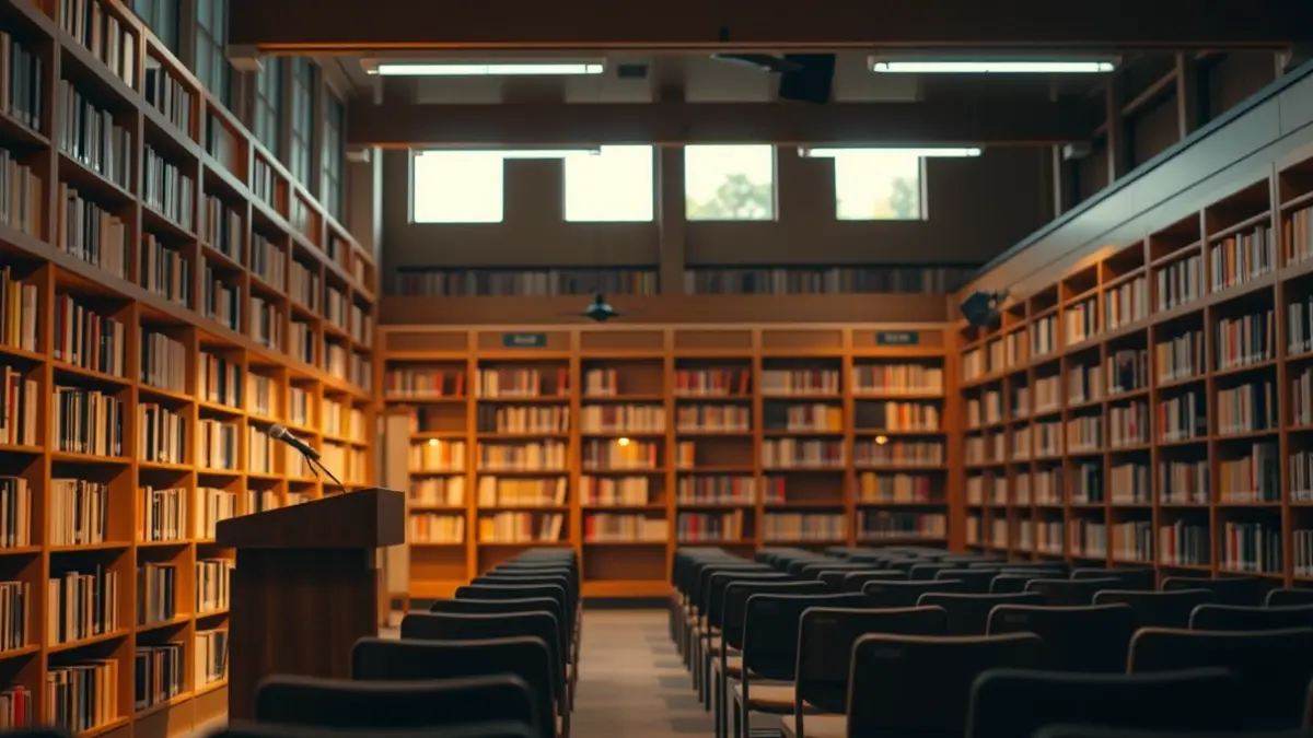 Imatge genèrica d'una biblioteca amb un faristol i cadires, il·luminada càlidament.