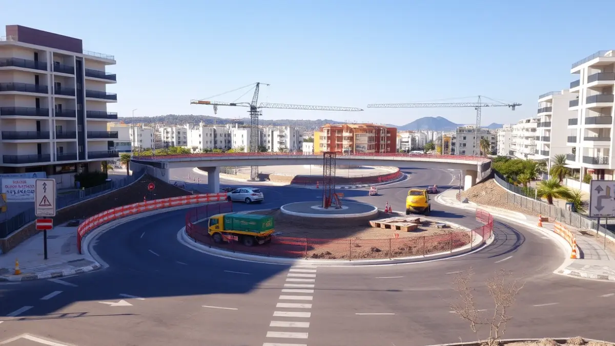 Image of a roundabout under construction with heavy machinery and safety fences.