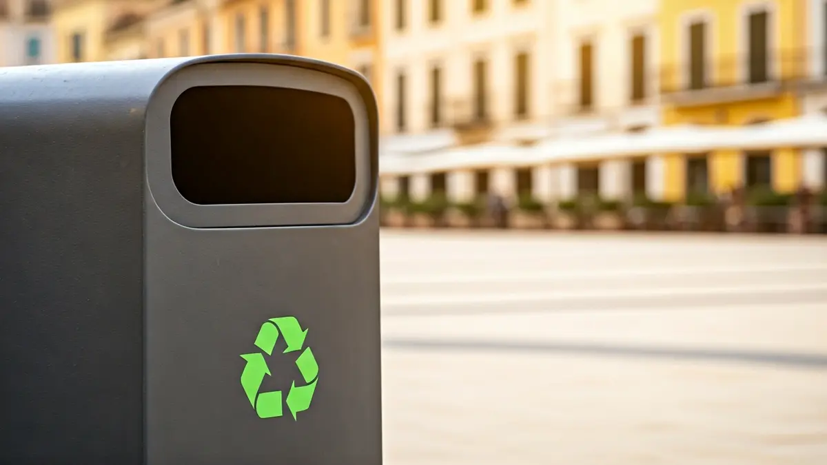 Imatge genèrica d'un contenidor de reciclatge modern en un entorn urbà mediterrani.