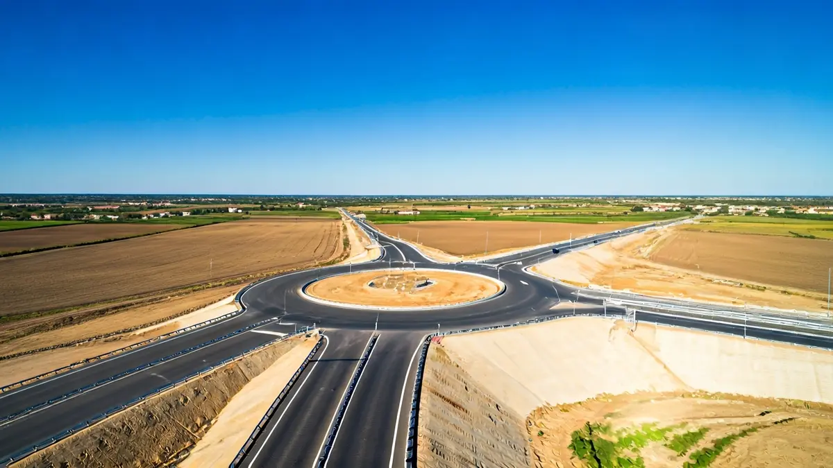 Aerial view of a road construction project with a roundabout and a bridge.