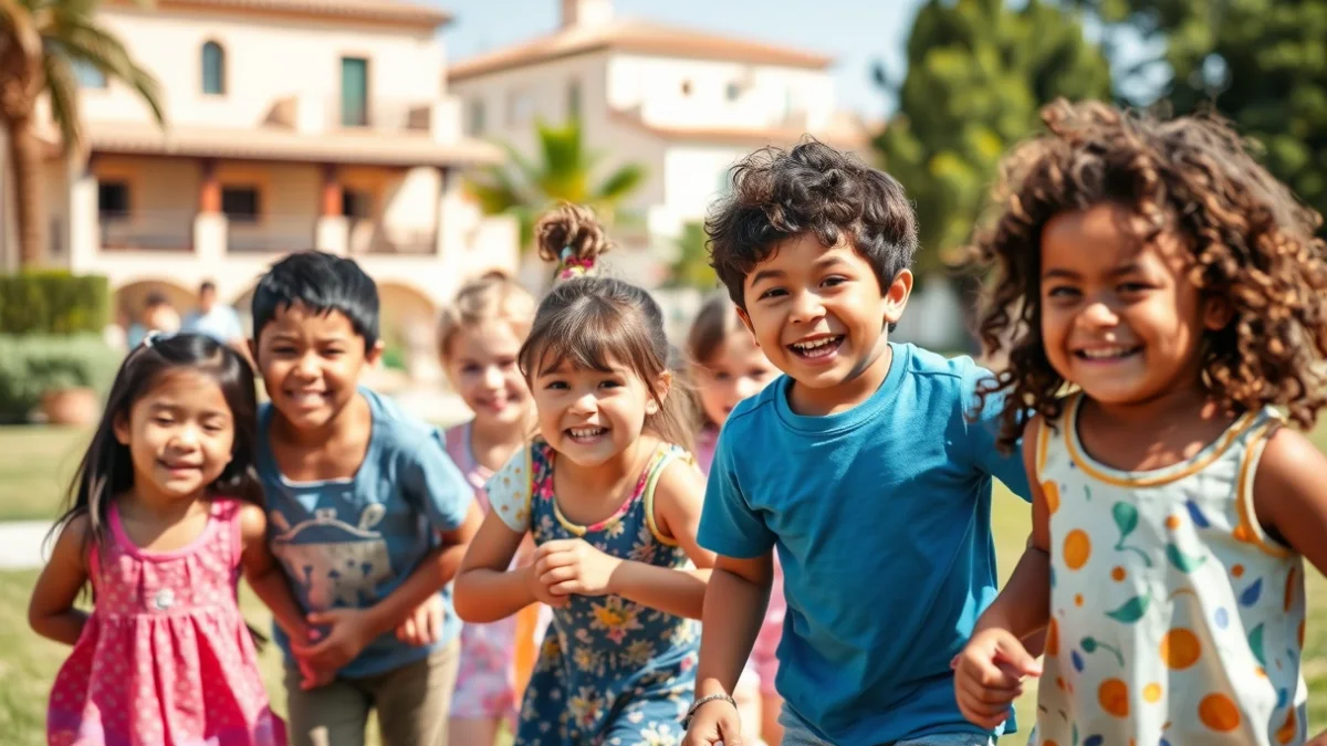 Imagen genérica de niños jugando en un parque bajo el sol, con edificios mediterráneos al fondo.
