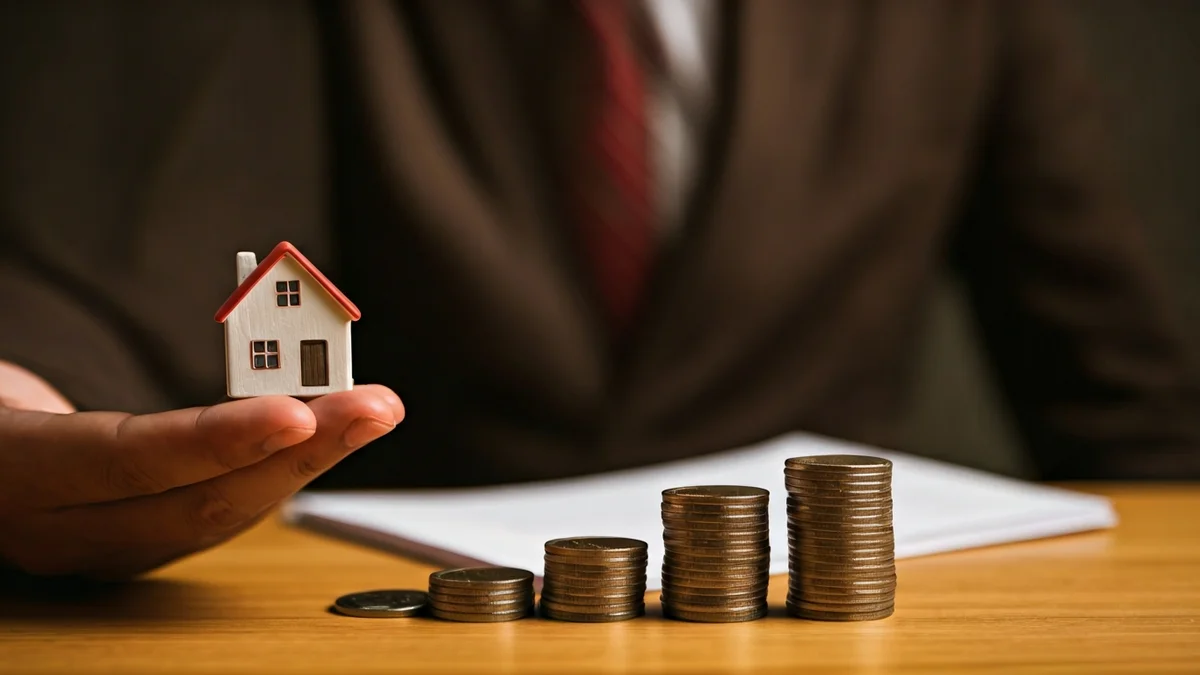 Generic image of a hand holding a miniature house, with coins and legal documents in the background.