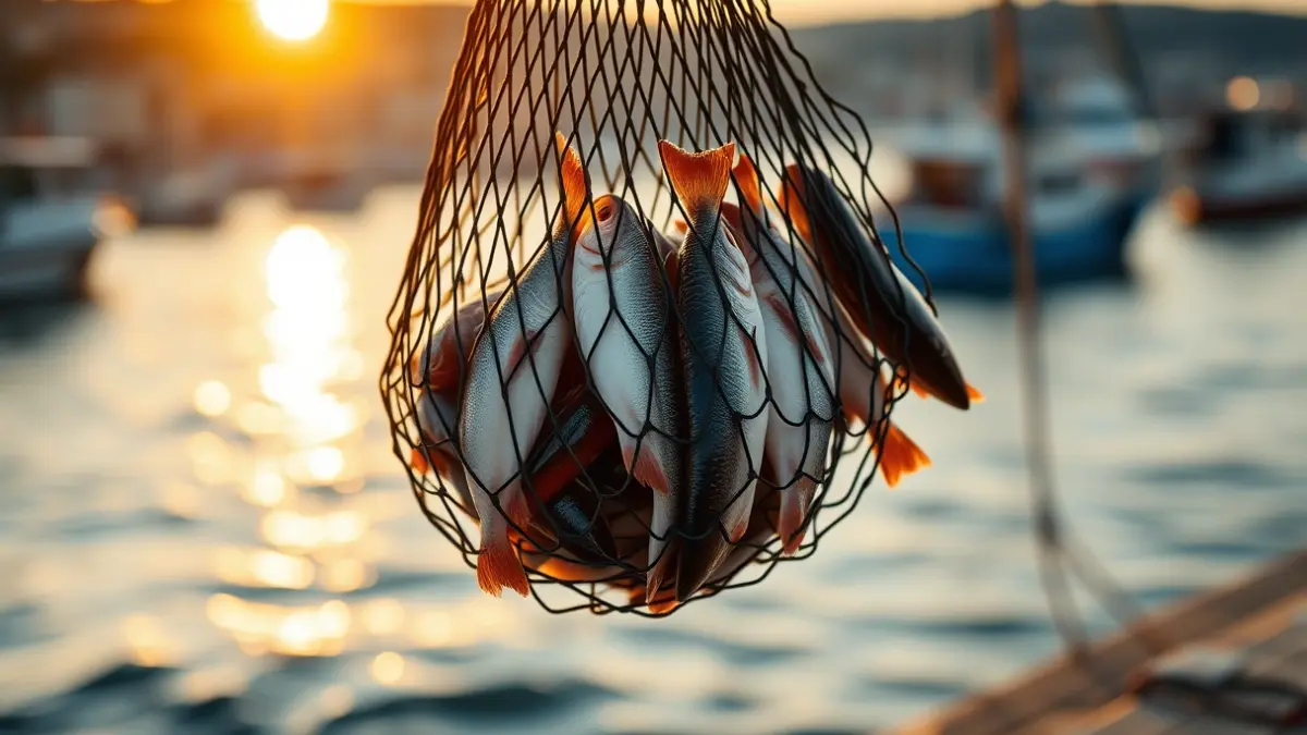 Imatge genèrica de peix fresc en una xarxa de pesca en un port mediterrani.