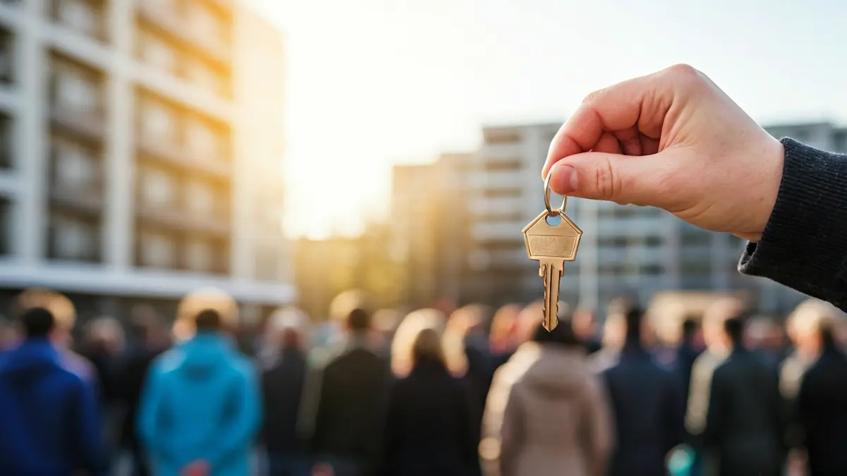 Imatge genèrica d'una mà sostenint una clau de casa amb edificis d'apartaments al fons.