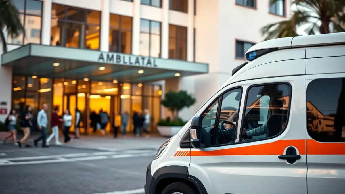 White electric ambulance in front of a hospital, symbolizing improved non-urgent medical transport.
