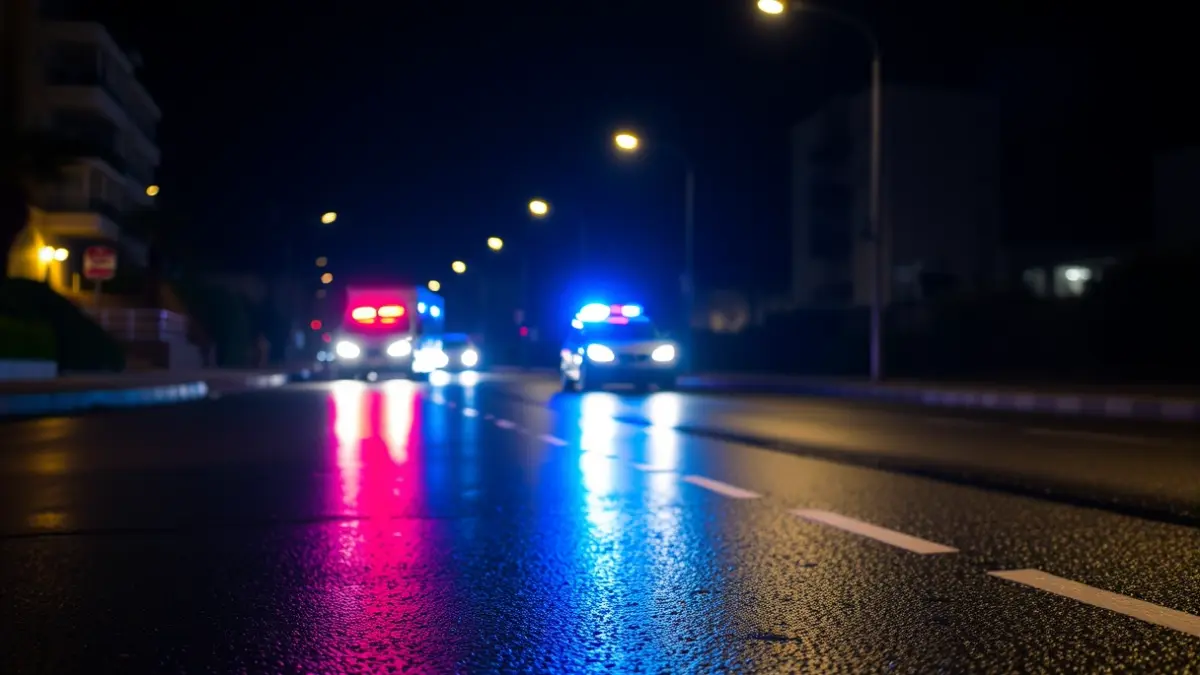 Imatge genèrica de llums d'emergència reflectint-se sobre l'asfalt mullat de nit.