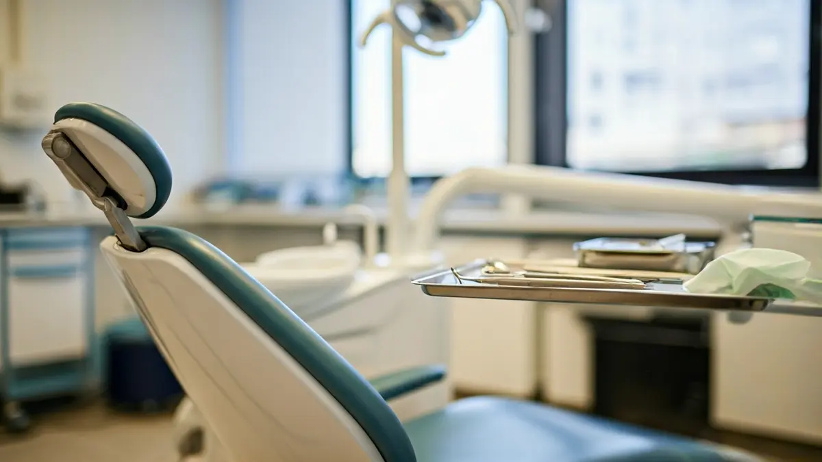 Generic image of a dental chair in an empty clinic.
