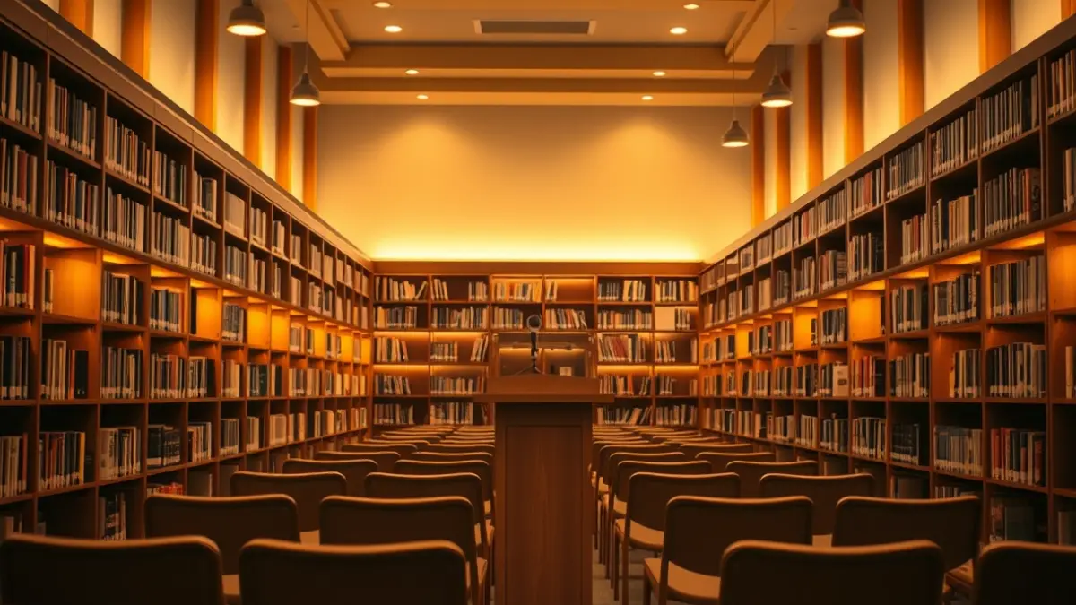 Generic image of a library with wooden bookshelves and a podium with a microphone, with warm lighting.
