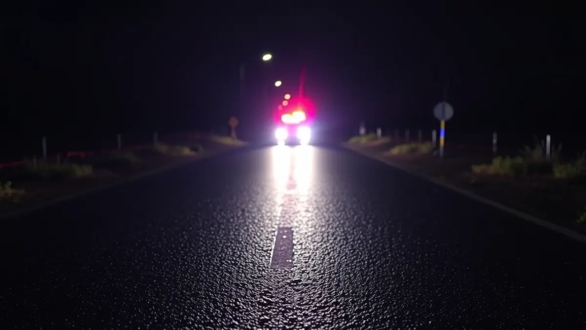 Generic image of emergency lights reflecting on wet asphalt on a rural road.