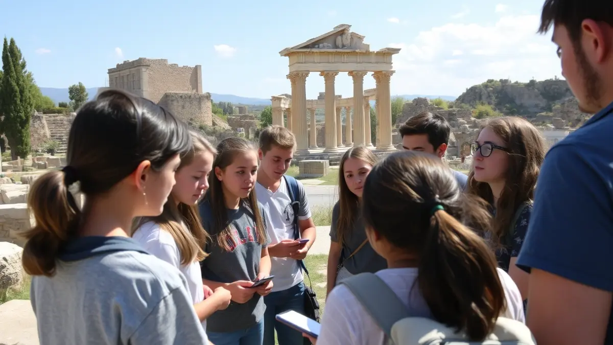 Imagen de alumnos participando en actividades educativas en un yacimiento arqueológico romano.