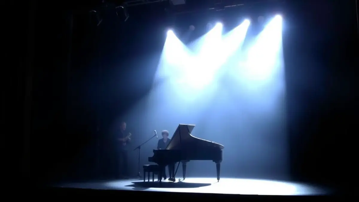Imatge d'un piano de cua en un escenari il·luminat amb un focus, amb músics difuminats al fons.