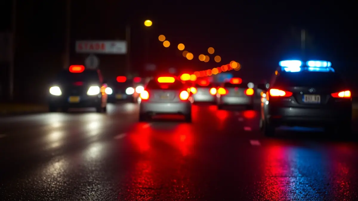 Imatge genèrica de llums d'emergència en una autopista de nit, amb vehicles borrosos al fons.