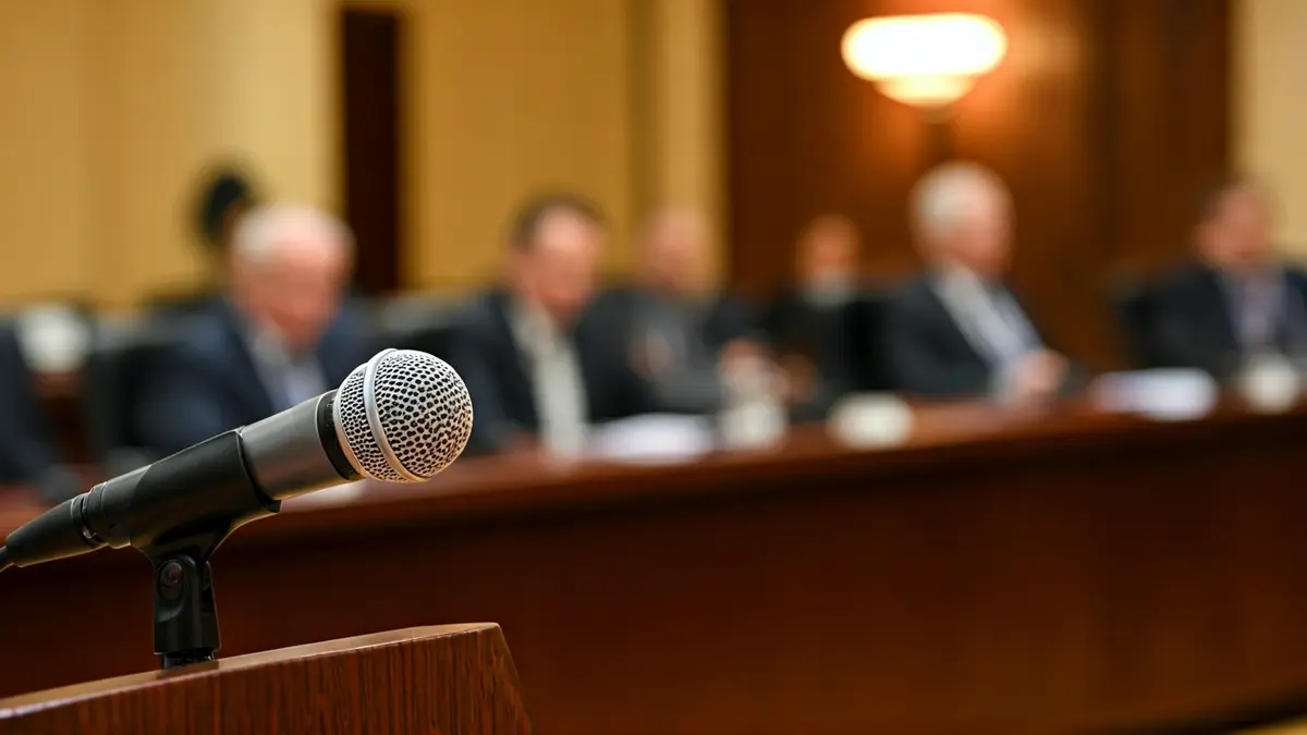 Imatge genèrica d'un micròfon en un faristol durant un fòrum o conferència.