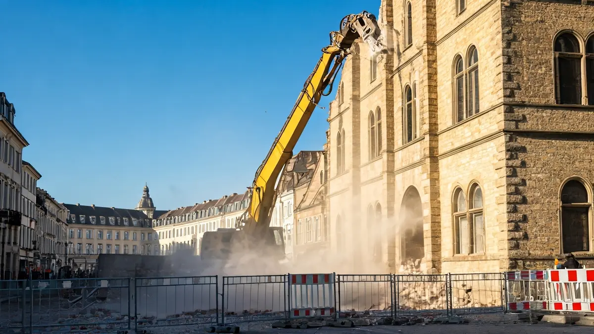 Imatge d'una màquina excavadora enderrocant un edifici antic, amb una gran polseguera.