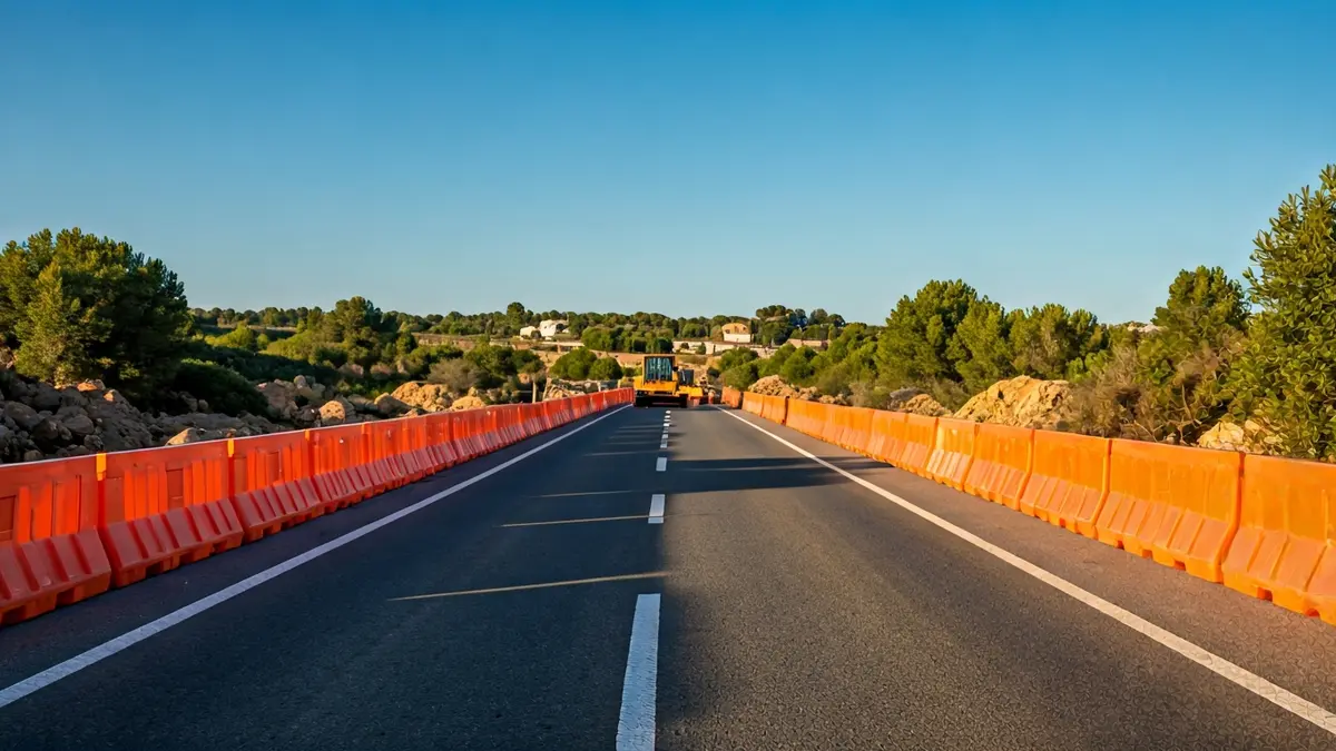 Imatge genèrica d'obres en una carretera rural amb barreres de seguretat.