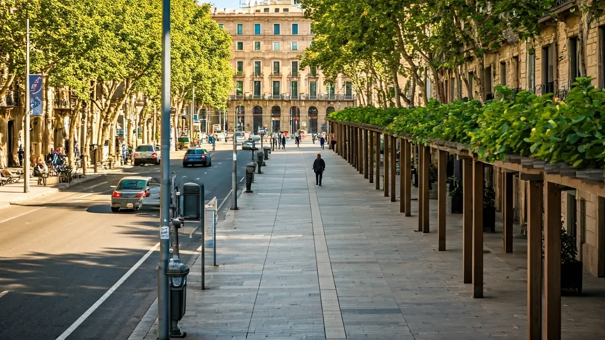 Imagen de una propuesta de reurbanización con aceras anchas, pérgolas y espacios verdes en una calle urbana