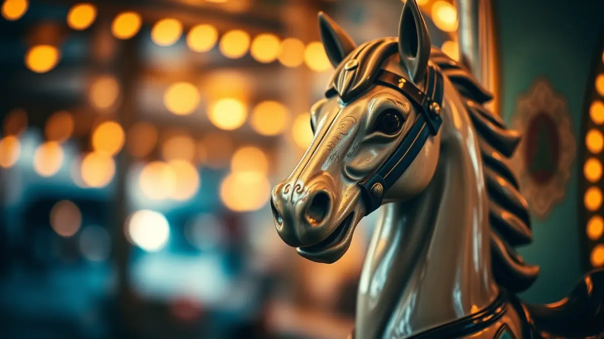 Imatge d'un cavall de carrusel antic, amb llums càlides al fons.