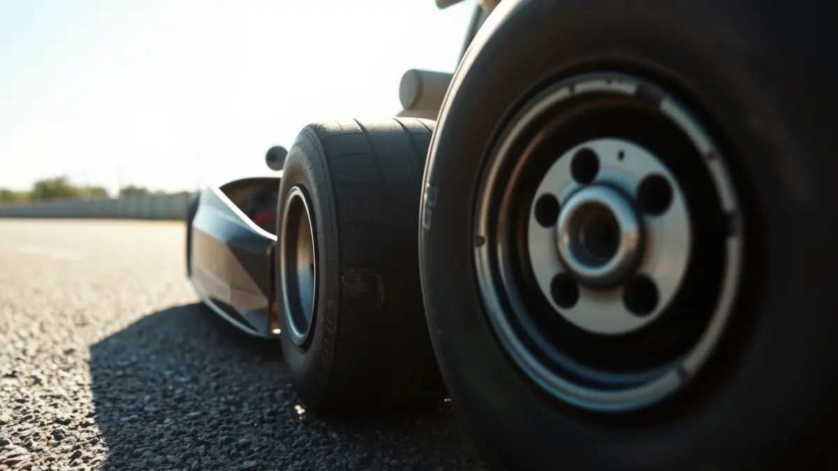 Imatge d'una roda de kart en una pista d'asfalt, amb una barrera de formigó al fons.