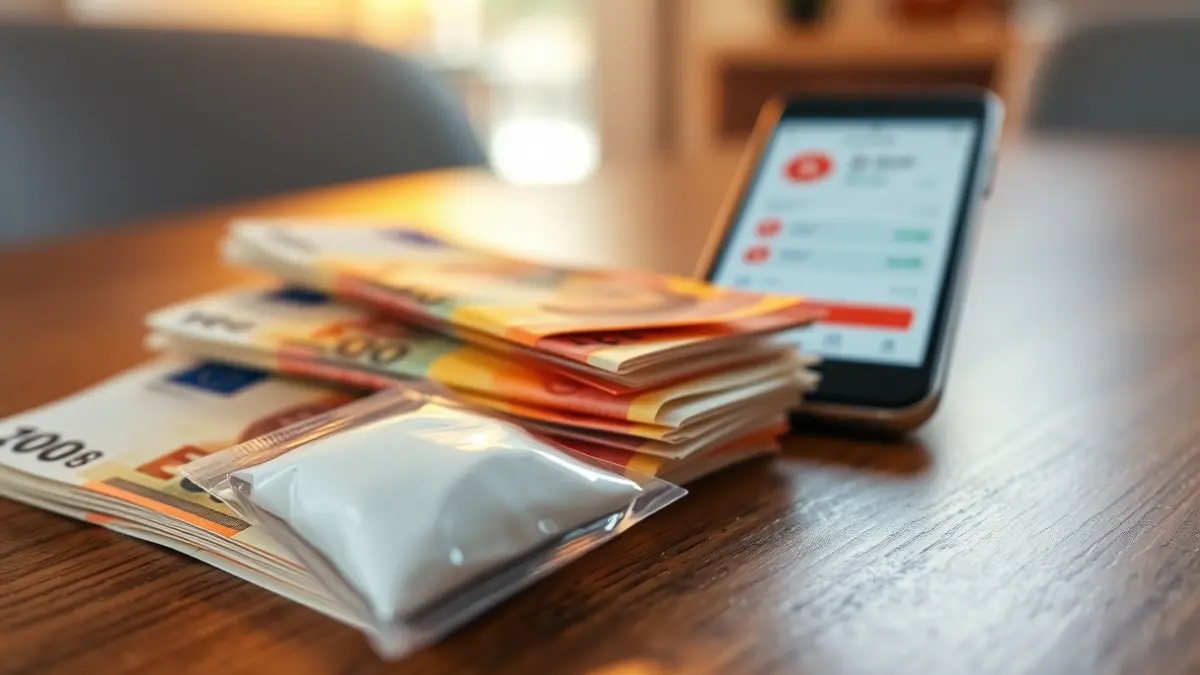 Imagen de euros en efectivo y una pequeña bolsa con sustancia blanca, con un teléfono móvil mostrando una aplicación de pago.