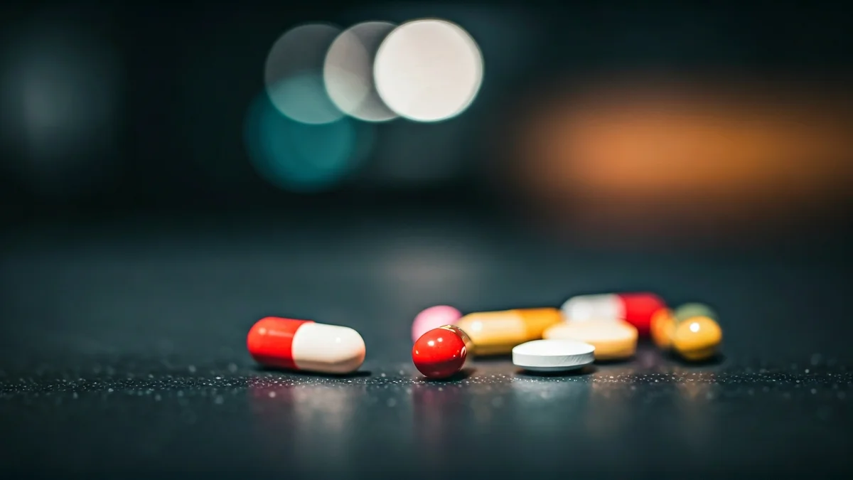 Imatge genèrica de pastilles d'èxtasi de colors sobre una superfície fosca.