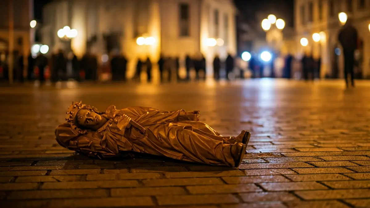 Imatge d'una estàtua religiosa trencada a terra en una plaça de nit.