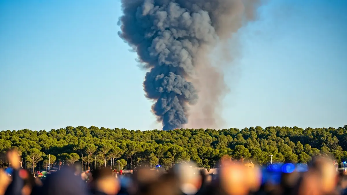 Imatge genèrica d'una columna de fum sobre un bosc mediterrani amb llums d'emergència borroses.