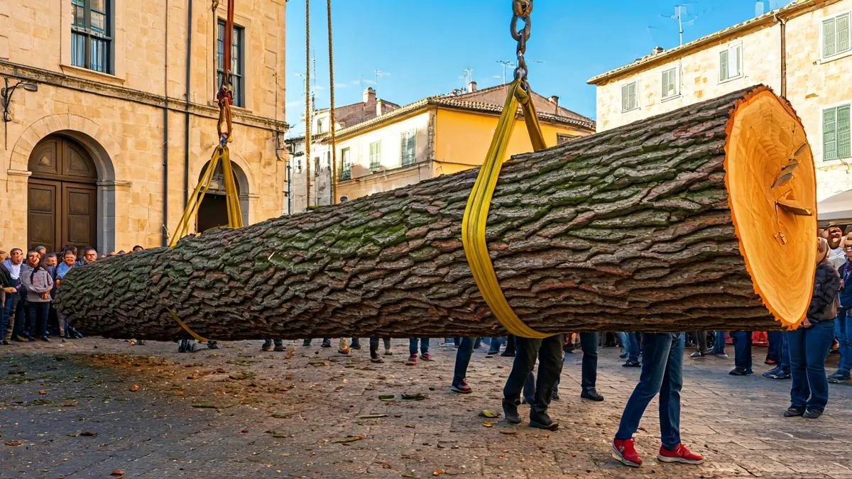 Voluntaris aixecant l'arbre de Maig a la plaça de Cornellà del Terri
