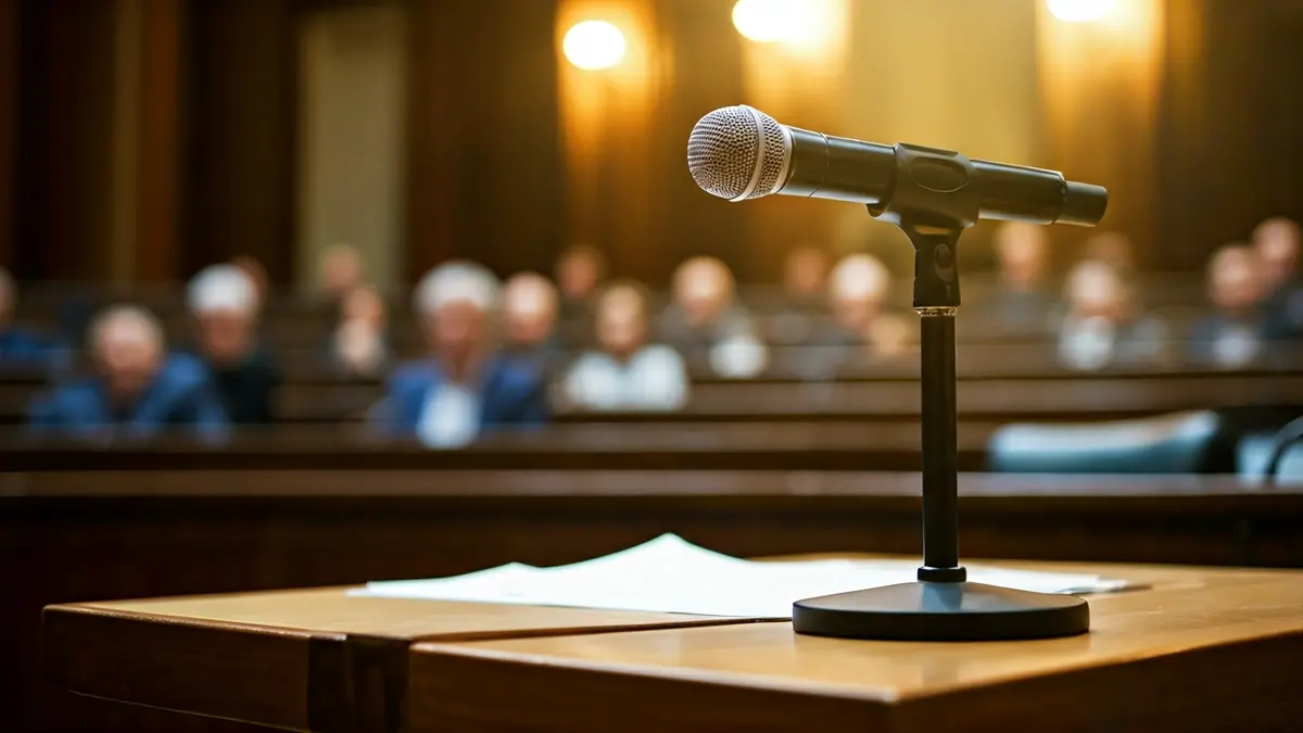Imagen genérica de un micrófono en un atril en una sala de plenos vacía.