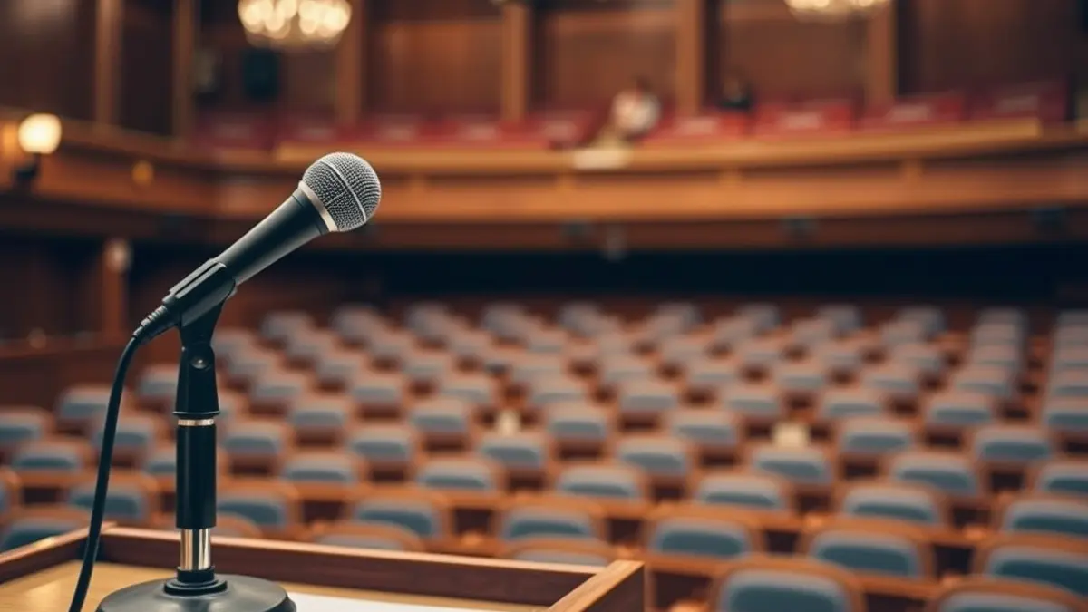 Imatge genèrica d'un micròfon en un faristol en una sala de plens buida, simbolitzant la política local.