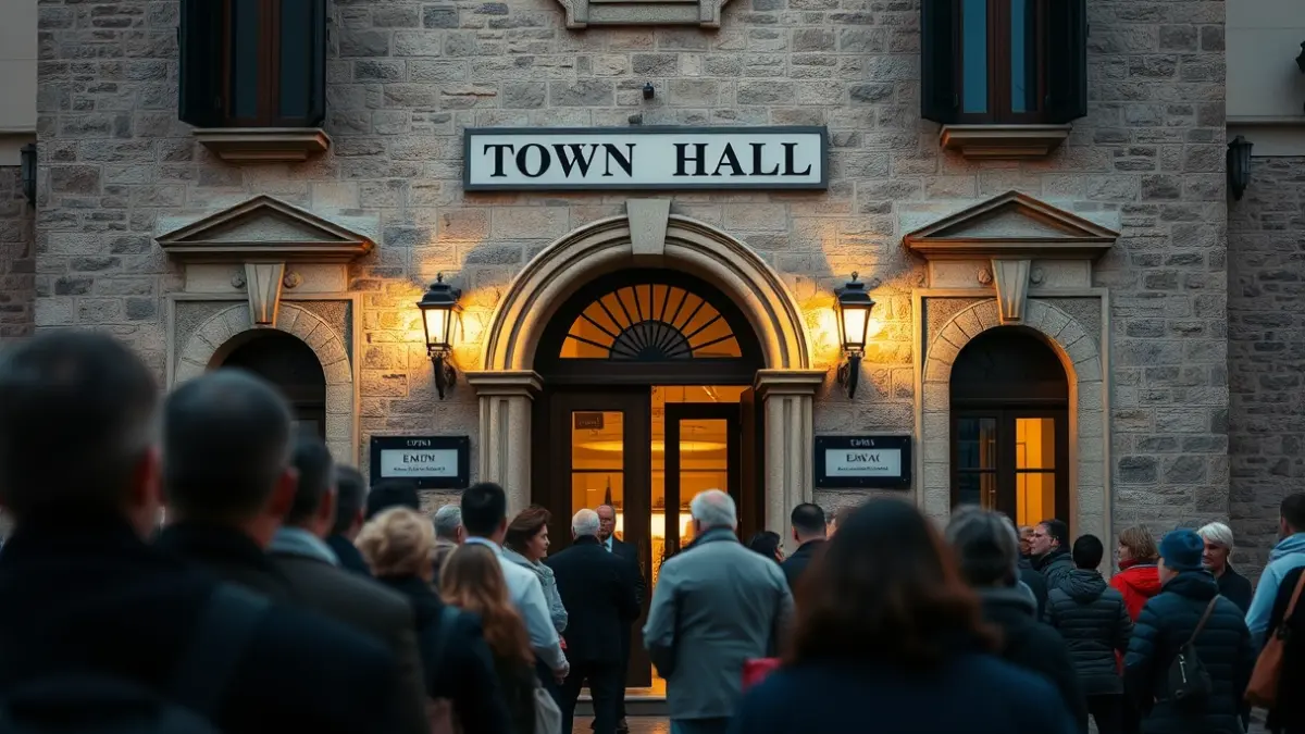 Imatge de persones fent cua davant d'un ajuntament a primera hora del matí.
