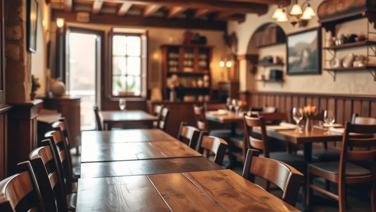 Imagen genérica del interior de un restaurante acogedor con mesas de madera.