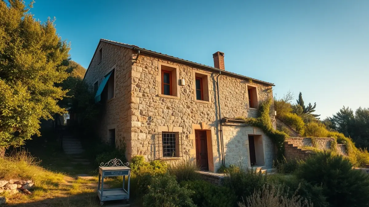 Imatge d'una casa antiga de pedra amb signes de deteriorament, envoltada de vegetació.