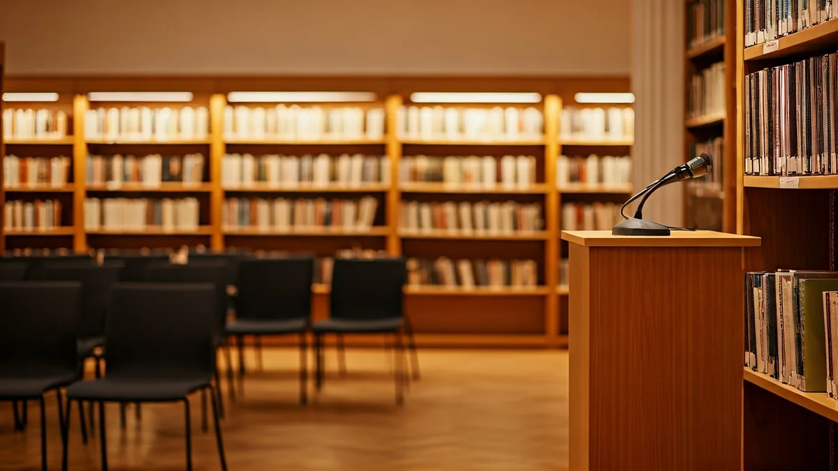 Imagen genérica de un interior de biblioteca con estanterías de madera y un podio con micrófono, con una atmósfera cálida de lectura.