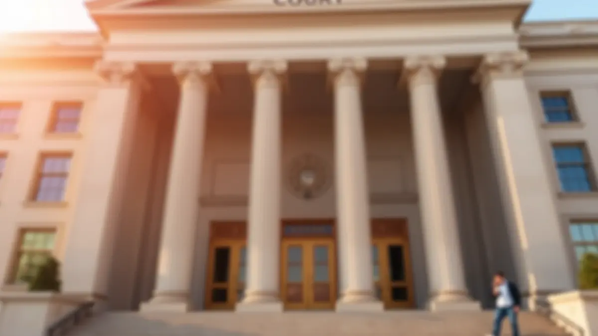 Imagen genérica de la entrada de un juzgado con columnas clásicas y luz solar.