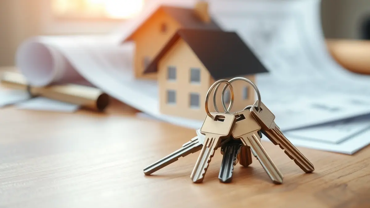 Imatge genèrica de claus d'habitatge sobre una taula, amb plànols de construcció desenfocats al fons.