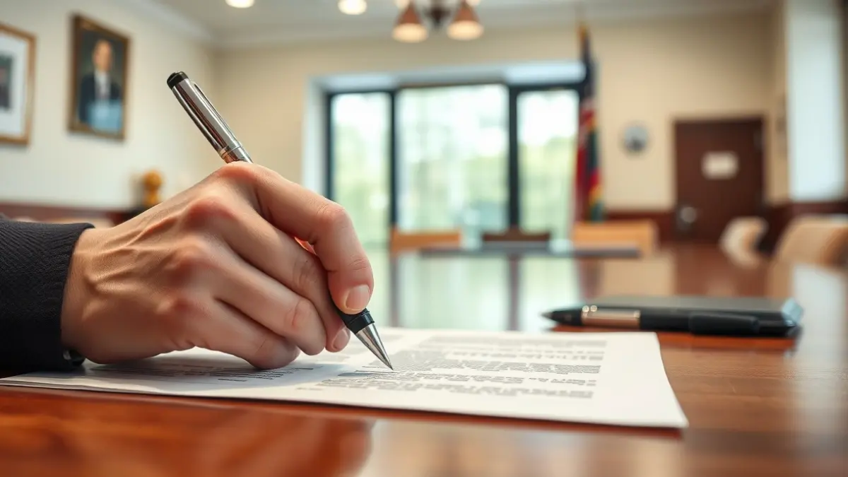 Generic image of a hand with a pen over a document, symbolizing policy approval.