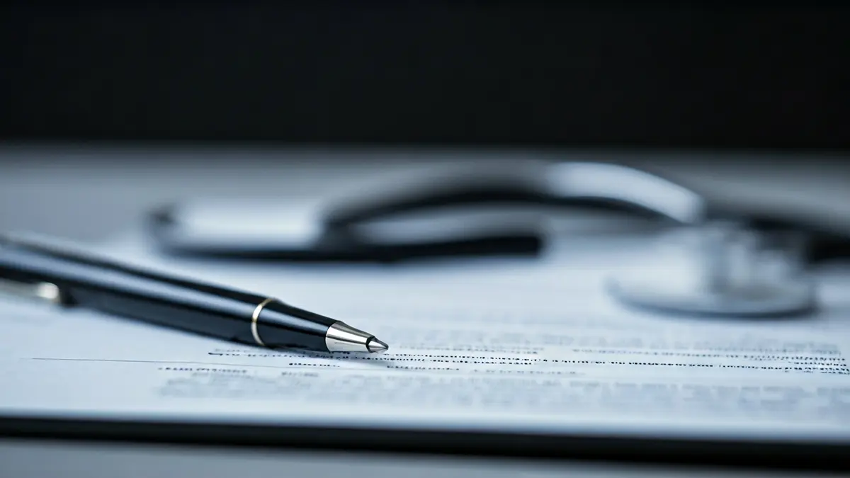 Imagen genérica de un informe médico con un bolígrafo y un estetoscopio.