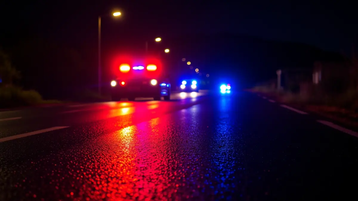 Imatge genèrica de llums d'emergència reflectint-se sobre asfalt mullat en un entorn rural mediterrani.