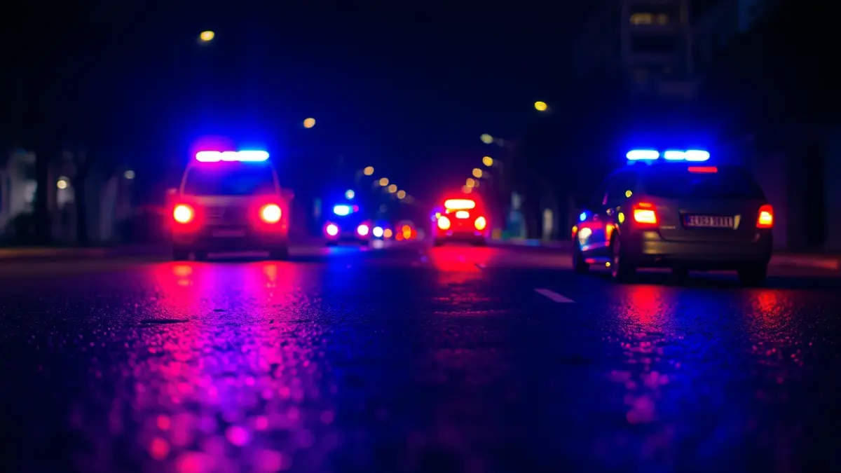Generic image of emergency lights reflected on wet asphalt at night.