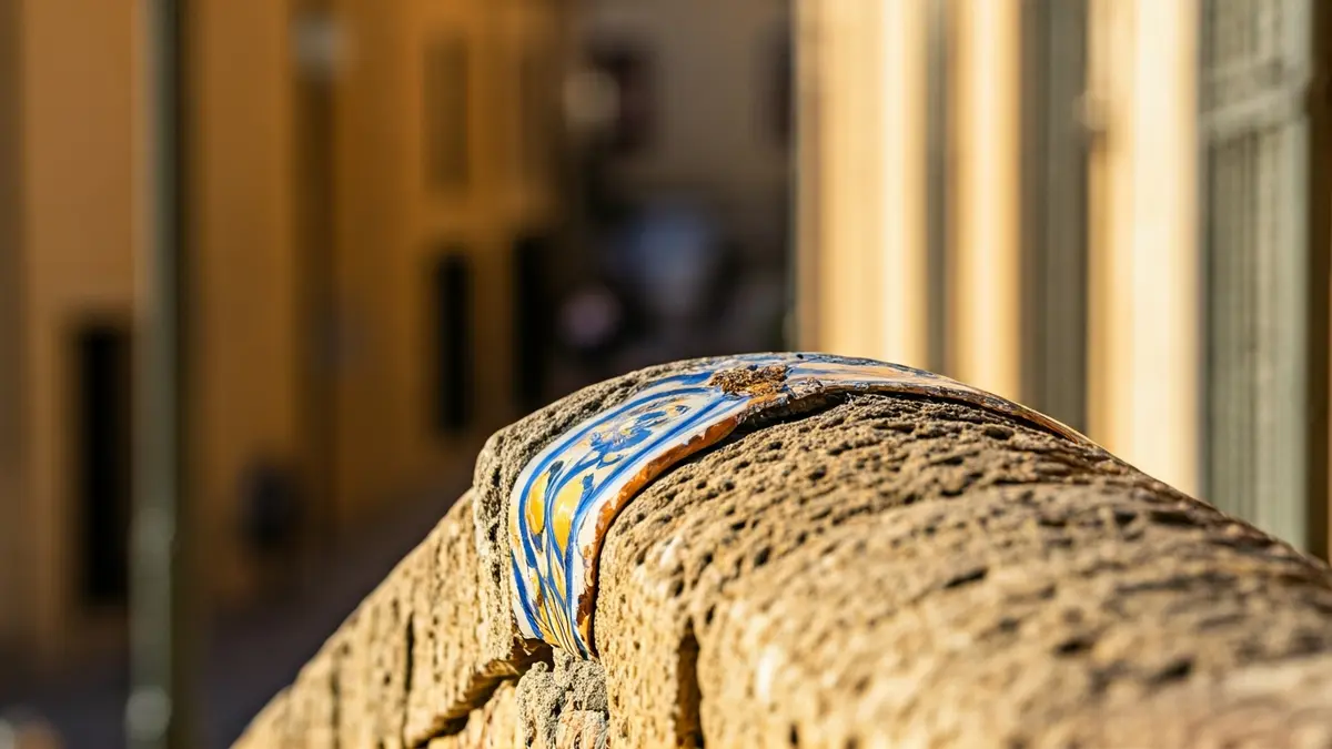 Image of a damaged ceramic tile on a stone bridge.