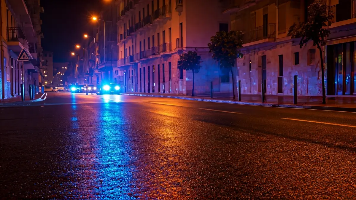 Generic image of emergency lights reflecting on wet asphalt at night.