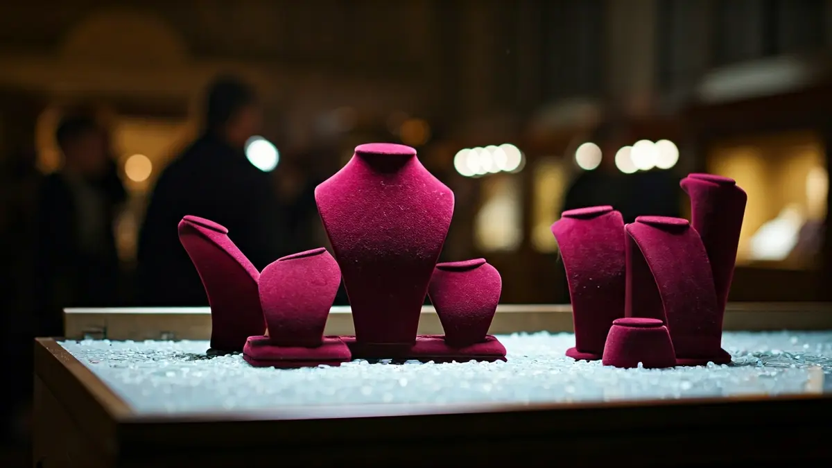 Generic image of a broken jewelry display case after a robbery.