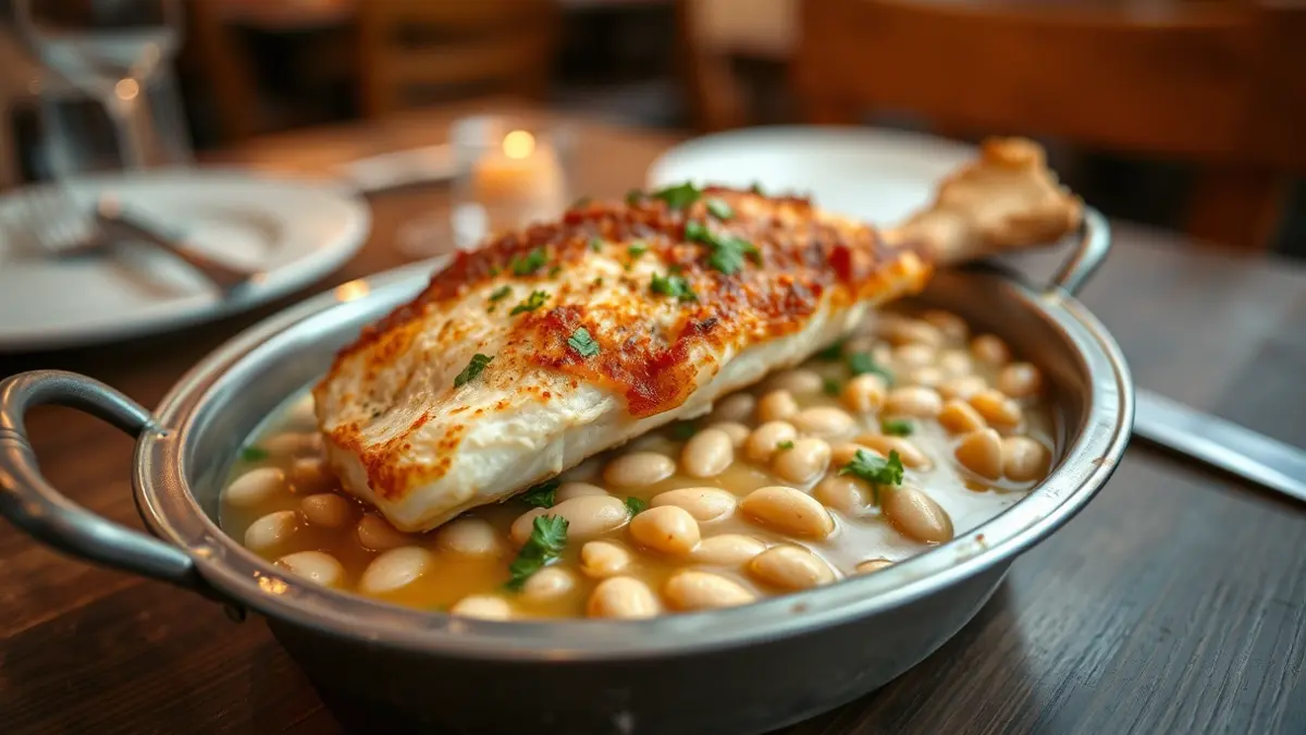 Imatge d'un plat de bacallà a la llauna amb mongetes