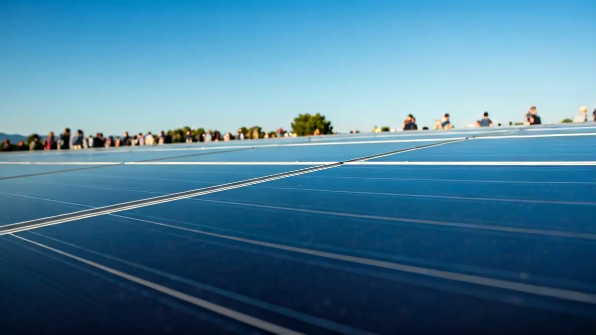 Imagen genérica de paneles solares en un campo bajo un cielo azul.