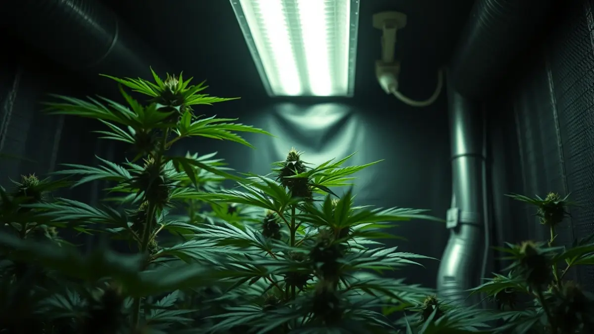 Imatge d'una plantació de marihuana il·legal amb llums de cultiu i ventilació.