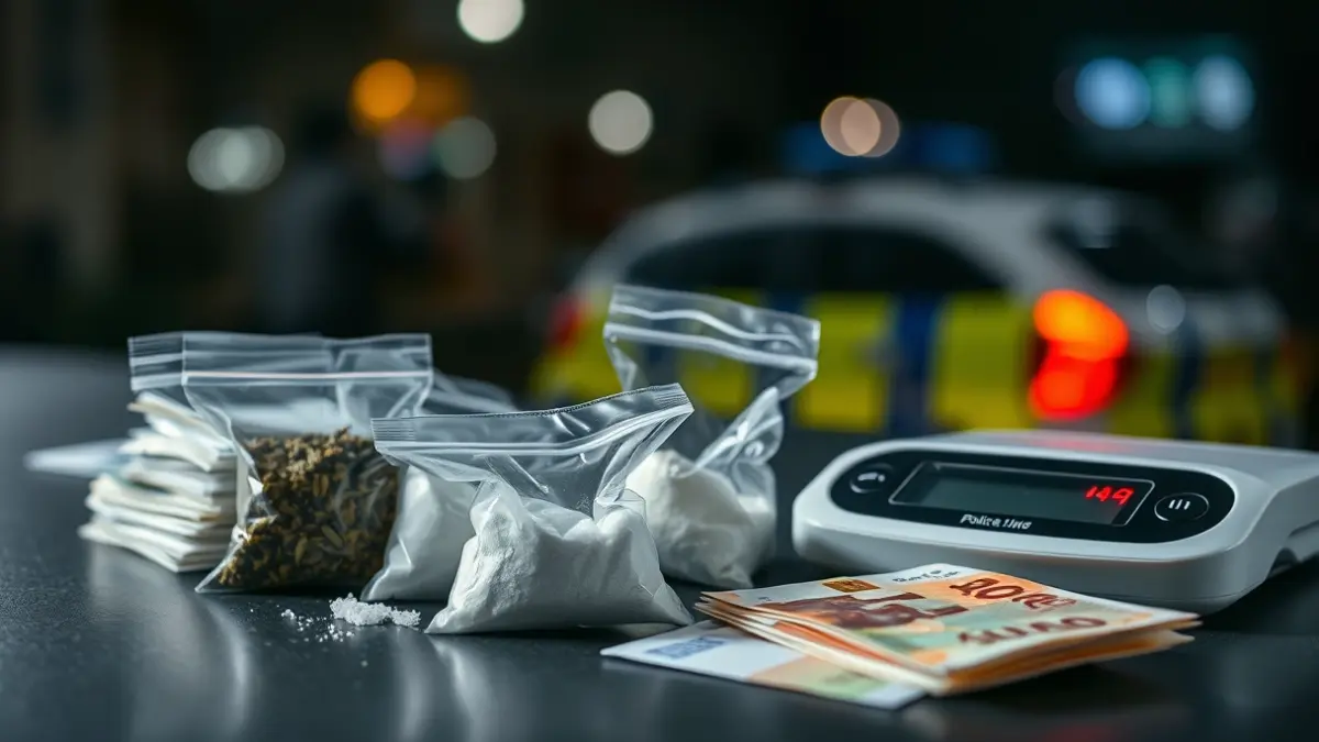 Imatge genèrica de drogues, diners i una bàscula, amb llums de policia borroses al fons.